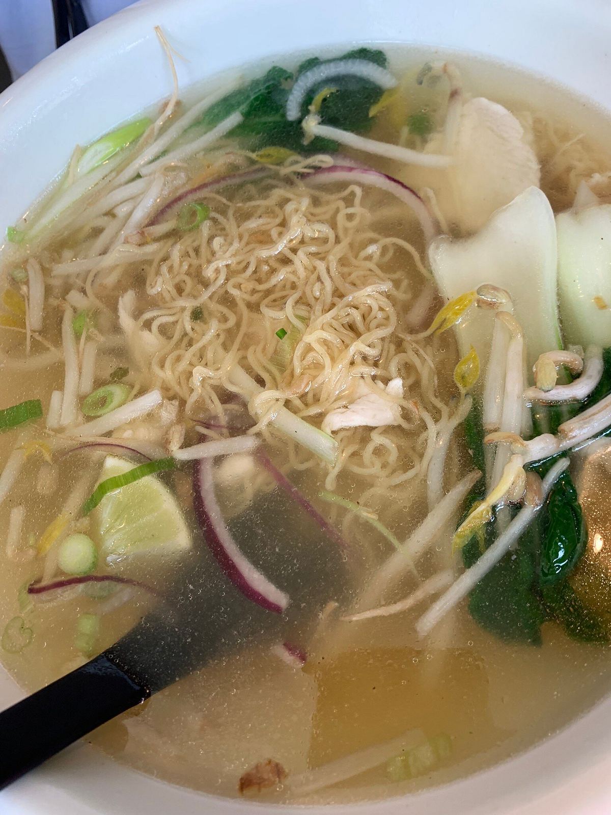Noodle soup with greens, bean sprouts, red onion and lime
